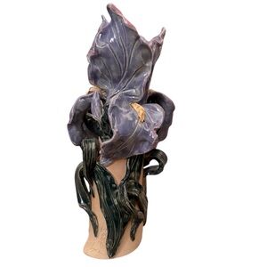 JUDY JONES signed and dated 2002 purple and green iris pottery vase